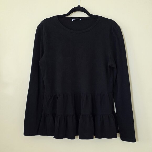 Zara Tunic Womens L Black LS Monochrome Knit Top Tiered Hem Goth Lagenlook Boho - Picture 1 of 14